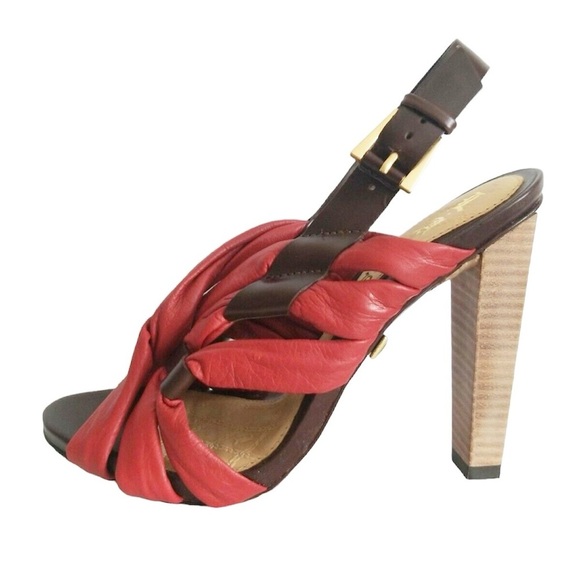L.A.M.B. Tamika Red and Brown Strappy Leather Heels - Picture 1 of 11
